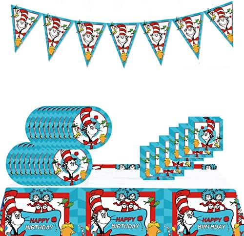 Doctor Seuss Party Birthday Supplies, Cat in The Hat Theme Party Tableware with Pennants, Tablecloth, 20 Disposable 7" Paper Plates Napkins for Kids Party Supplies Decorations