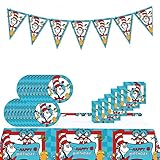 Doctor Seuss Party Birthday Supplies, Cat in The Hat Theme Party Tableware with Pennants, Tablecloth
