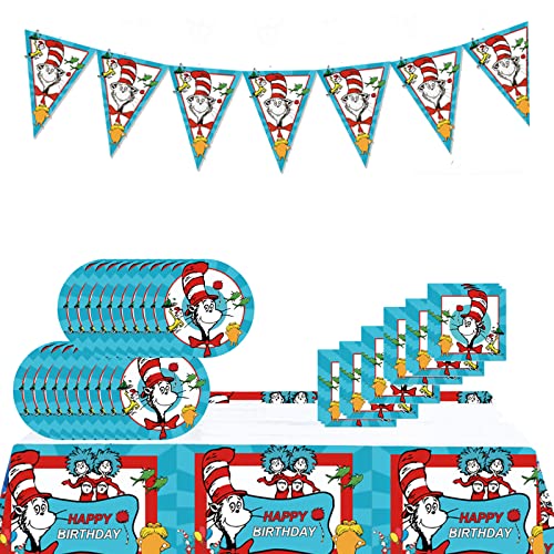 Doctor Seuss Party Birthday Supplies, Cat In The Hat Theme Party Tableware With Pennants, Tablecloth, 20 Disposable 7" Paper Plates Napkins For Kids Party Supplies Decorations #TOP1