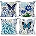 Poszewki na poduszki 70 x 70 cm zestaw 4 sztuk, nowoczesne niebieskie kwiaty motyl poduszki lniane dwustronne kwadratowe dekoracyjne poszewki na poduszki do salonu sofa kanapa ogród na zewnątrz poszewki na poduszki z ukrytym zamkiem błyskawicznym
