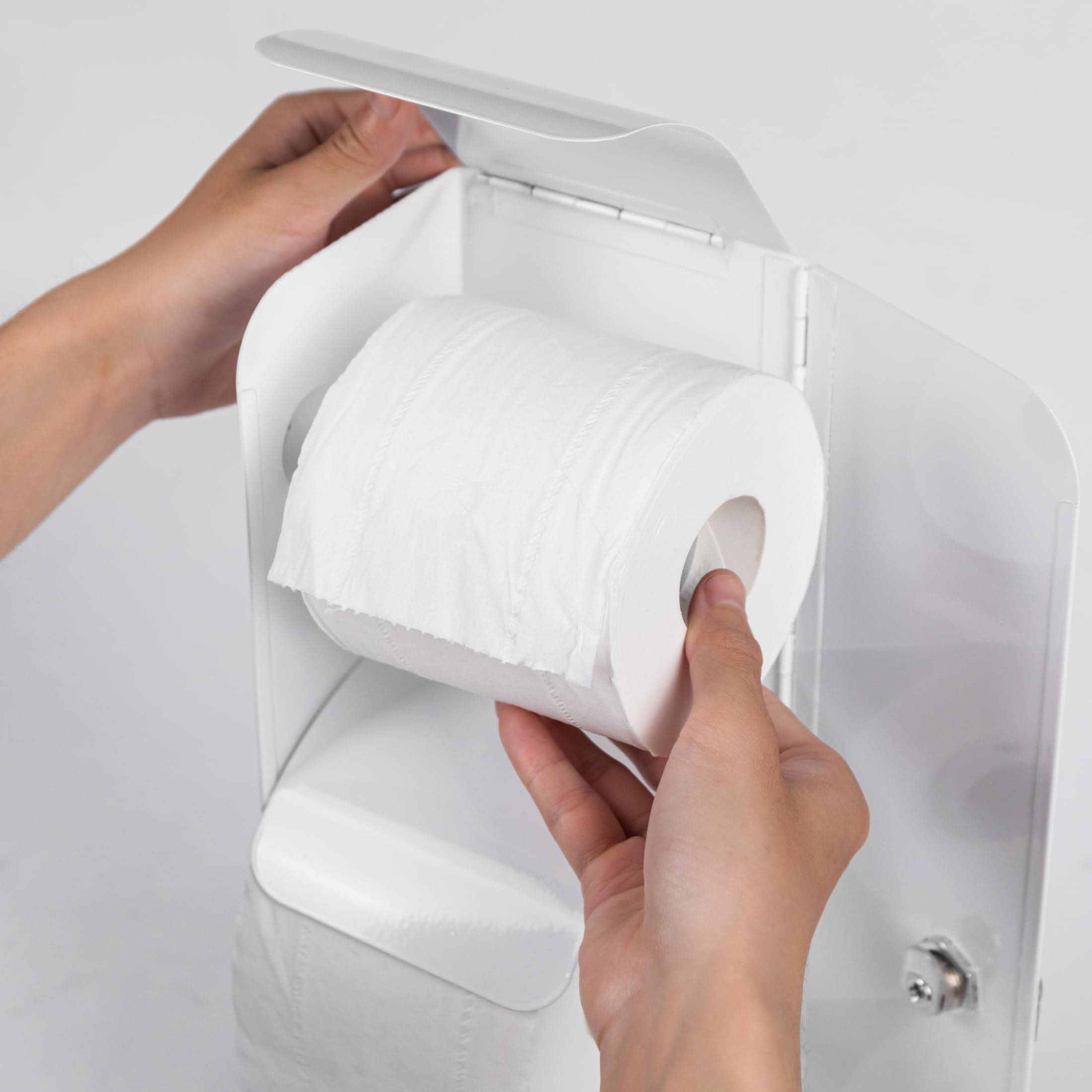 Dispensador comercial de papel higiénico de acero inoxidable, soporte para 3 rollos con cerradura, montaje en pared, opción de rollo doble, color blanco