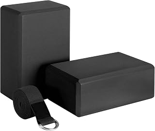 Osmond Juego de bloques de yoga y correa de yoga, espuma EVA, suave, antideslizante, bloques de yoga universales para estiramiento y entrenamiento, color negro