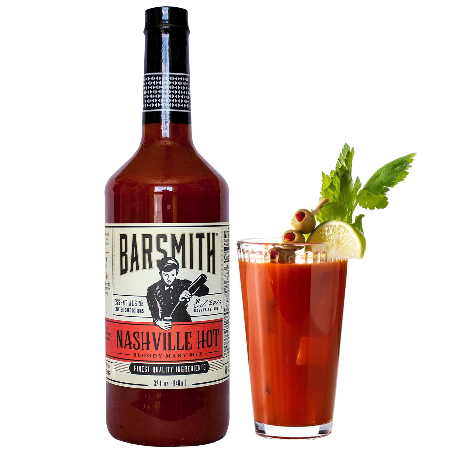 Barsmith Bar Essentials Nashville Hot Bloody Mary Mix - Drink Mix w/Real Tomatoes, Horseradish & Bold Spices - Cocktail Mixer For Vodka, Tequila - Ideal For Brunch & Parties - 32oz Bottle (Pack Of 1)