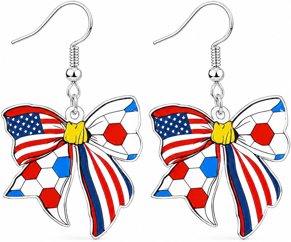 World Soccer Cup Earrings Shirts 2026 Merchandise Soccer National Flag Dangle Earrings for Women Soccers Mom Shirt Hat Accessories Soccers Bow Drop Earring Game Day Sports Outfits