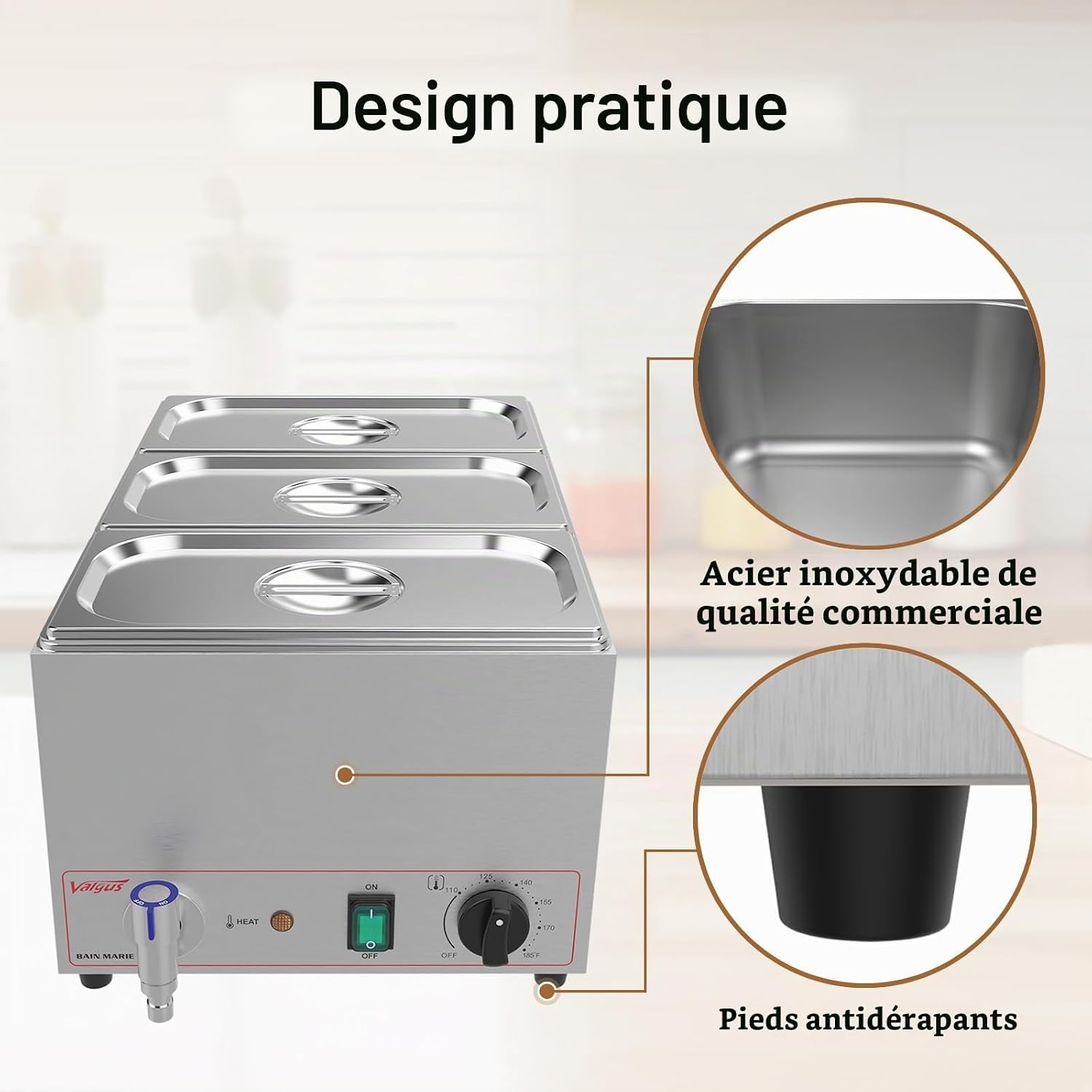 Chauffe-plats bain-marie en acier inoxydable – vue générale