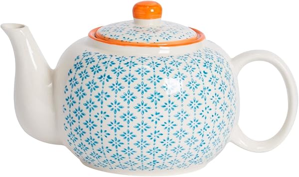 Nicola Spring Hand-Printed Teapot - 820ml - Traditional Decorative Blue Floral Pattern Porcelain Tea Pot with Orange Lid Tableware Large Teapot for Tea, Milk