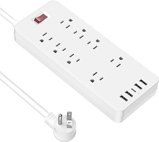 10 Ft Power Strip Surge Protector- 8 Outlets and 4 USB Ports (5V/2.4A) & 1 USB-C Port (5V/3A), 1875W/15A, Flat Plug, Spaced Outlets, Wall Mount for Hotel, Home and Office