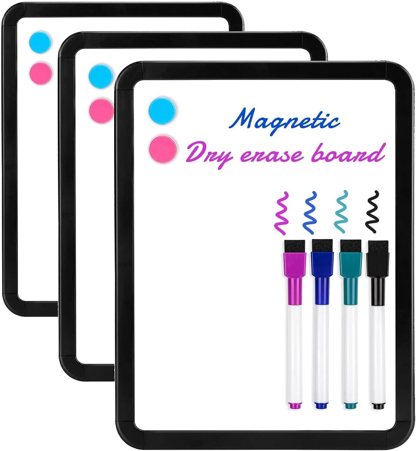 VUSIGN Small White Board Dry Erase, 8.5'' x 11'' Magnetic Dry Erase Board, Mini Whiteboard with Markers for Students, Fridge, Wall, Locker, Black (Pack of 3)