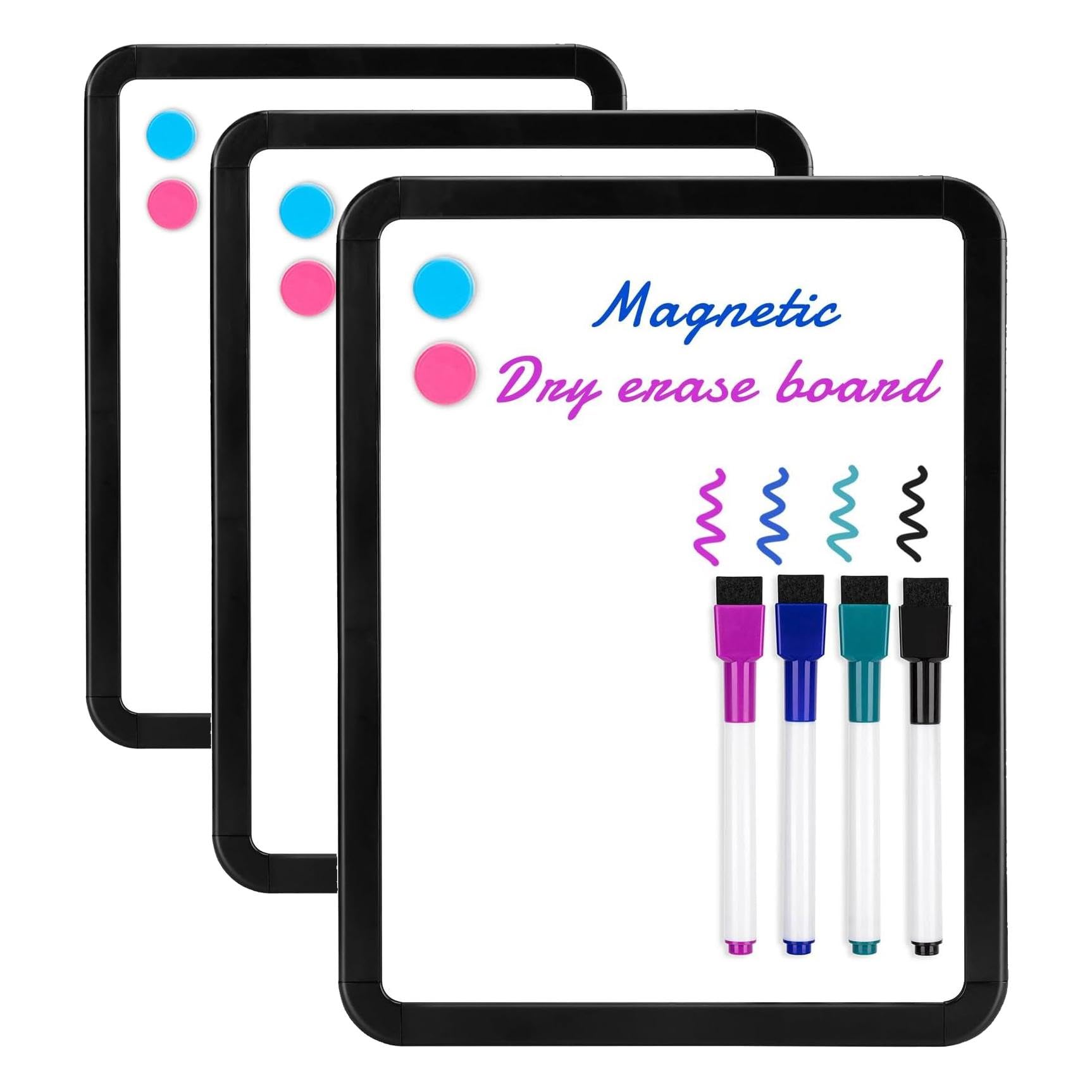 VUSIGN Small White Board Dry Erase, 8.5'' x 11'' Magnetic Dry Erase Board, Mini Whiteboard with Markers for Students, Fridge, Wall, Locker, Black (Pack of 3)