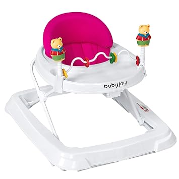 BABY JOY Baby Walker, Foldable Activity Walker with Adjustable Height, Large Tray & Removable Toys, Baby Walker with Wheels for Boys Girls 6-18 Months Pink