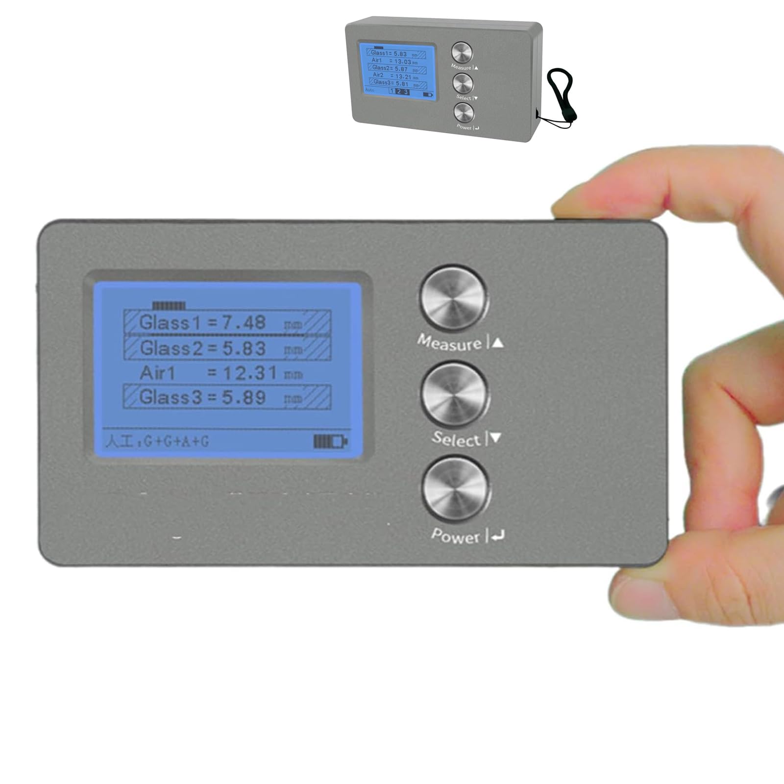 Medidor digital de grosor de vidrio, rango de medición de 70 mm, capa intermedia de aire de 45 mm, precisión ± 0,1 mm para inspección de calidad de construcción de ingeniería