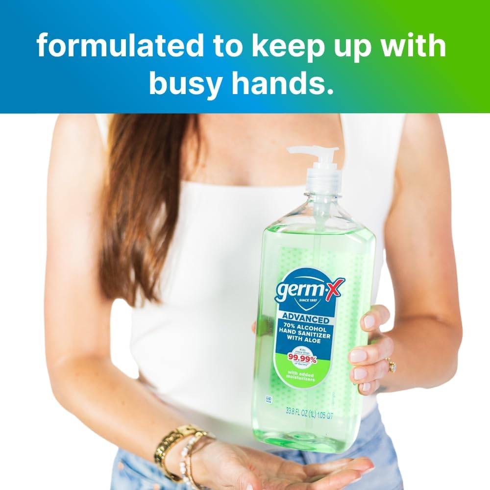 Germ-X Advanced Hand Sanitizer with Aloe and Vitamin E, 1 Liter (Pack of 4), Less Drying Moisturizing Gel, No Rinse Formula, Pump Bottle — Amazon image 12