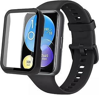 جراب وشاشة حماية من زجاج مقوى مضاد للخدش لساعة هواوي فيت 2، أسود