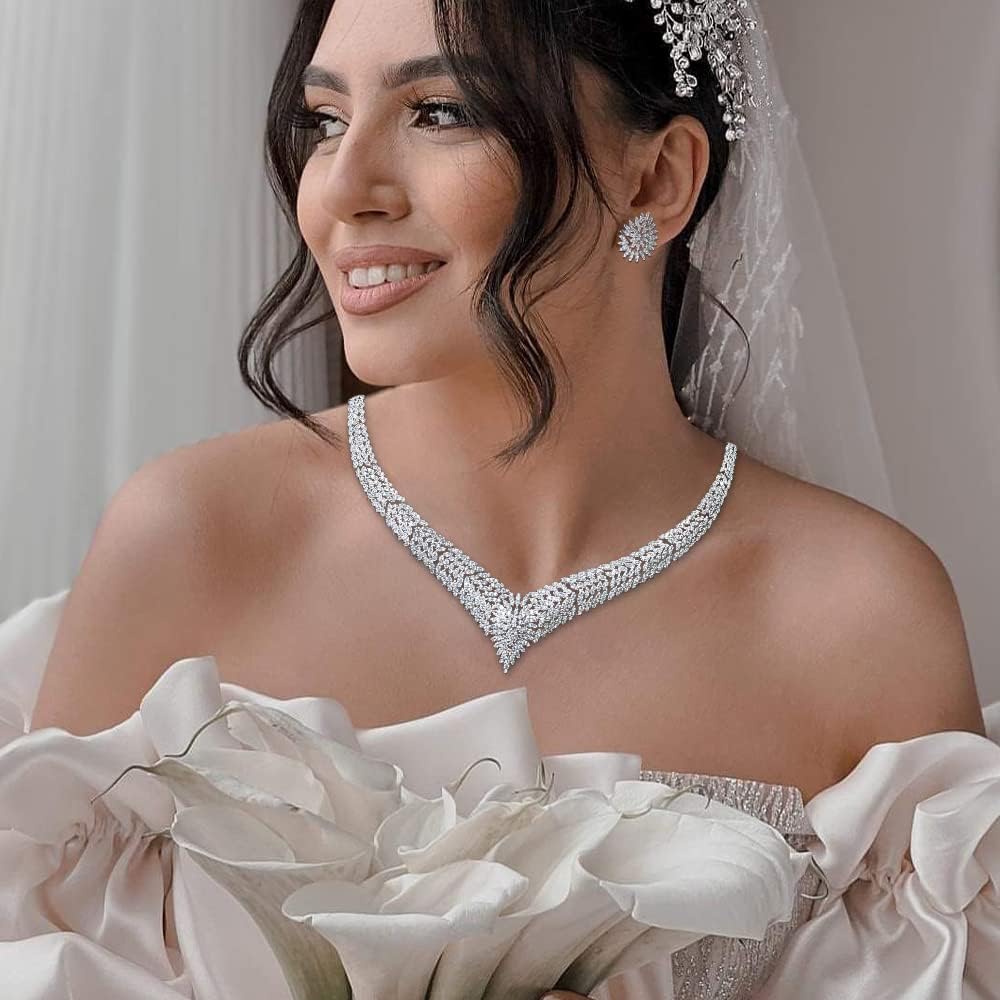 Jorsnovs 4PCS Arabic Dubai Indian Jewelry Set for Women Bride Cubic Zirconia Pageant Necklace Dangle Earrings Bracelet Open Ring Set Bridal Jewelry for Wedding Prom Evening Wear Anniversary Birthday Engagement Valentine's Day Gifts for Her