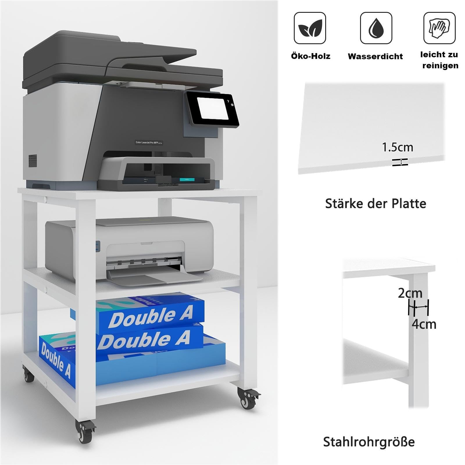 PUNCIA 3-Ebene Druckertisch mit Universalrollen mobiler Druckerständer aus Holz & Metall Druckerwagen Stauregal 50x50x50cm bis zu 70 kg belastbar weiß für Büro Zuhause Office Schule