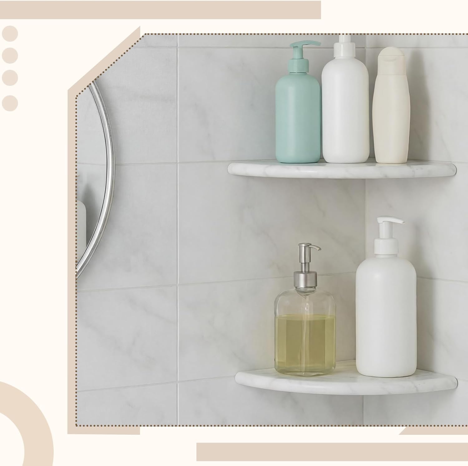 Chunful 2 Pcs White Marble Corner Shower Shelf for Bathroom 9 x 9 Inch Wall Mounted Both Sides Polished Marble Corner Shelves Shower Caddy for Bathroom Wall (Stylish)