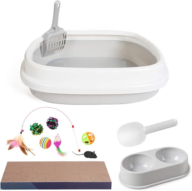 SIVEIS Kitty Cat Starter Kit, Includes Cat Litter Tray, Cat Litter Scoop, Cat Scratch Pad, Double Cat Bowls, Cat Toy, Pet Dry Food Spoon,12 Piece