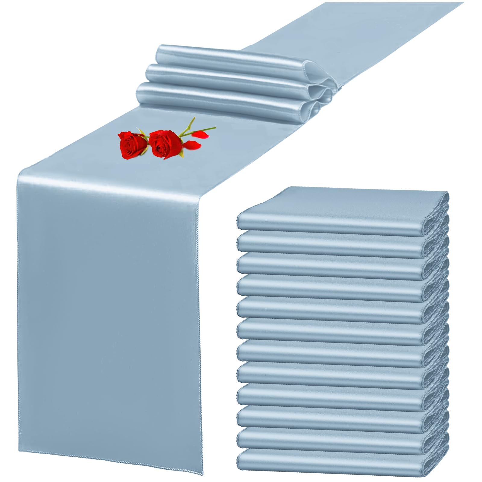 12 Pack Dusty Blue Satin Table Runner 12 x 108 Inch Long Premium Table Runners for Wedding Party Events Decoration, Birthday Parties, Banquets