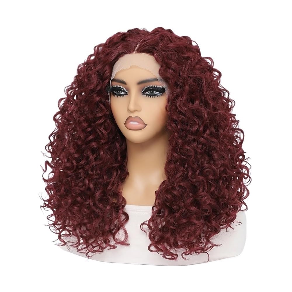 Parrucca frontale in pizzo sintetico riccia da 20 pollici for donne, nera, con riga a T, 13x4,5x1.(Red)
