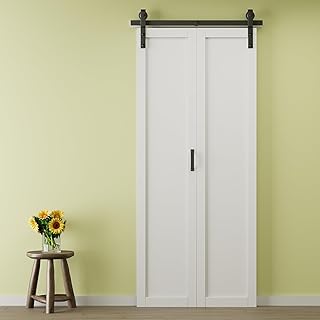 Preassembled Panels & Paintable Bifold Barn Door with Hardware Included, 36" x 84" 1-Panel Solid Core Bi Fold Barn Door for Interior Closet Pantry Laundry, Easy Setup Smooth Operation