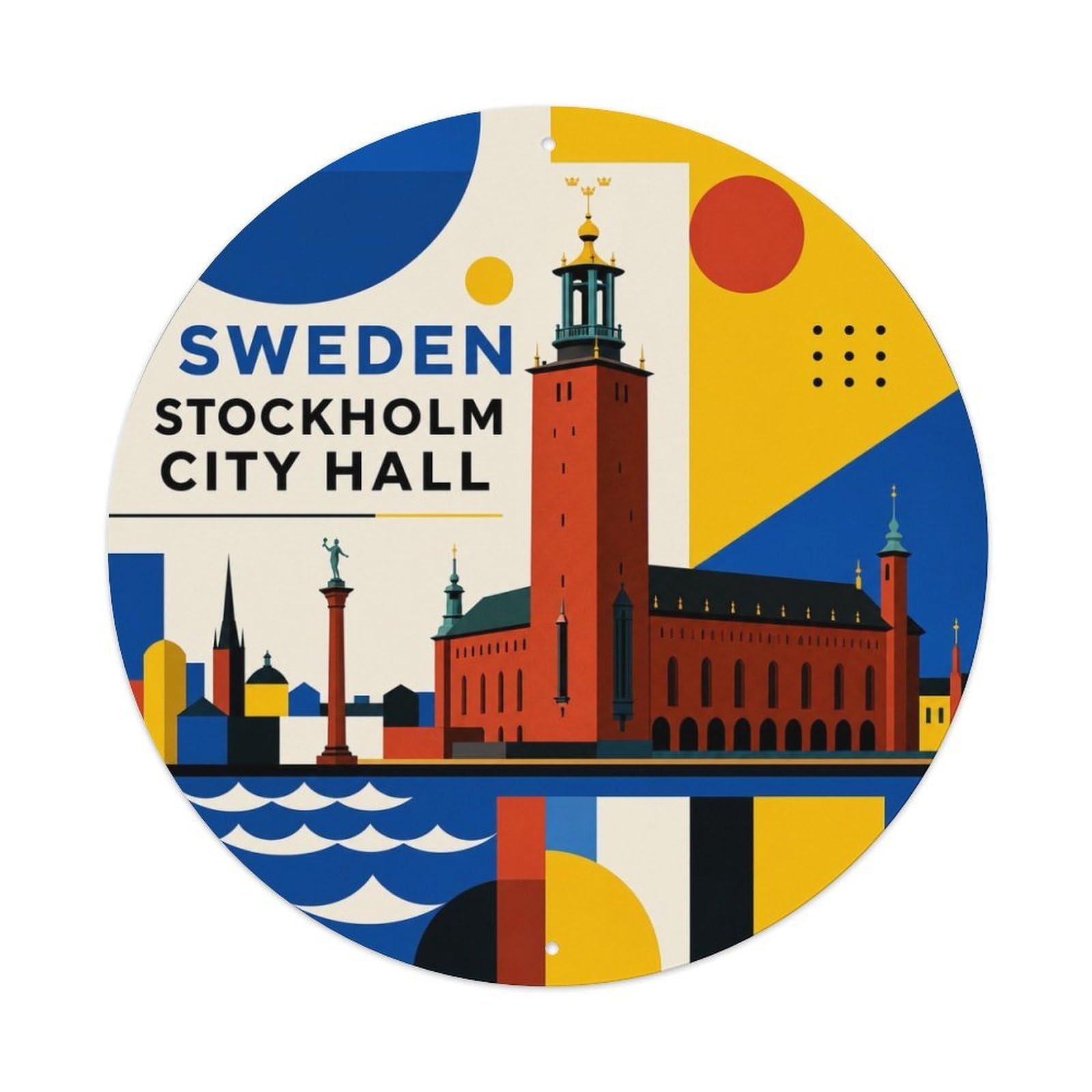 Stockholm City Hall Swedish Geometric Castle Heritage Metal Tin Sign Plaque Wall Decor for Cafe, Man Cave, Club Bar, Office, Home Garden Round Metal Poster 8x8Inch