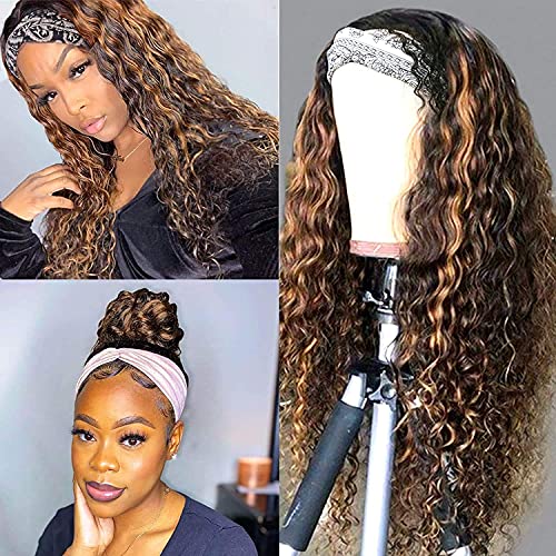 18 Inch Highlights Headband Wig Ombre Headband Wig Curly Glueless None Lace Front Wigs 150% Density Curly Brown Headband Human Hair Wigs for Black Women 4/27 Headband Wig Human Hair