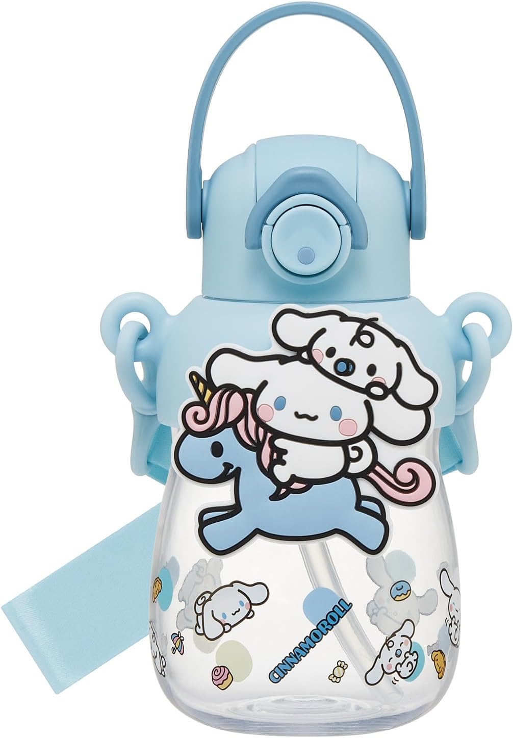 Skater PRMC7ST-A Straw Bottle with Rubber Mascot, 22.0 fl oz (650 ml), One Push Open, Lock Function, Handle Included, Shoulder Strap Included, Sanrio Cinnamorol, Favorite Days