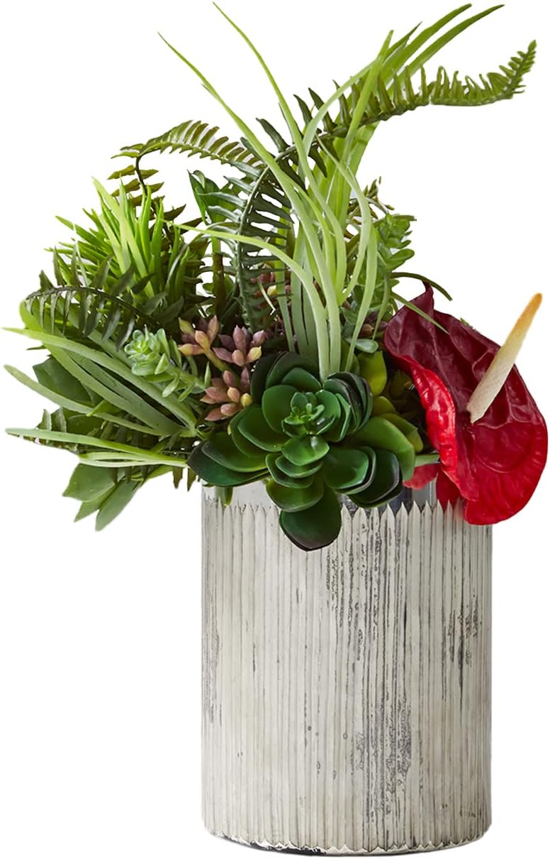 Serene Spaces Living Majestic Ribbed Silver Mercury Glass Cylinder Vase - Perfect for Floral Arrangements, Table Centerpiece, Home, Office, Wedding, Holiday & Events Decor, 5" Diameter & 6.5" Tall