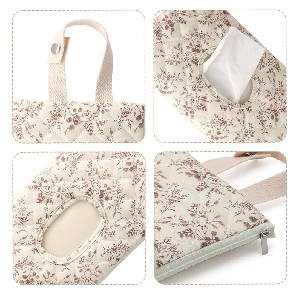 Floral Quilted Baby Wipe Holder Pouch with Strap,Diaper and Wipes Pouch for Purse,Hanging Floral Wet Wipes Bag,Portable Mommy Bag for Stroller (2PC)