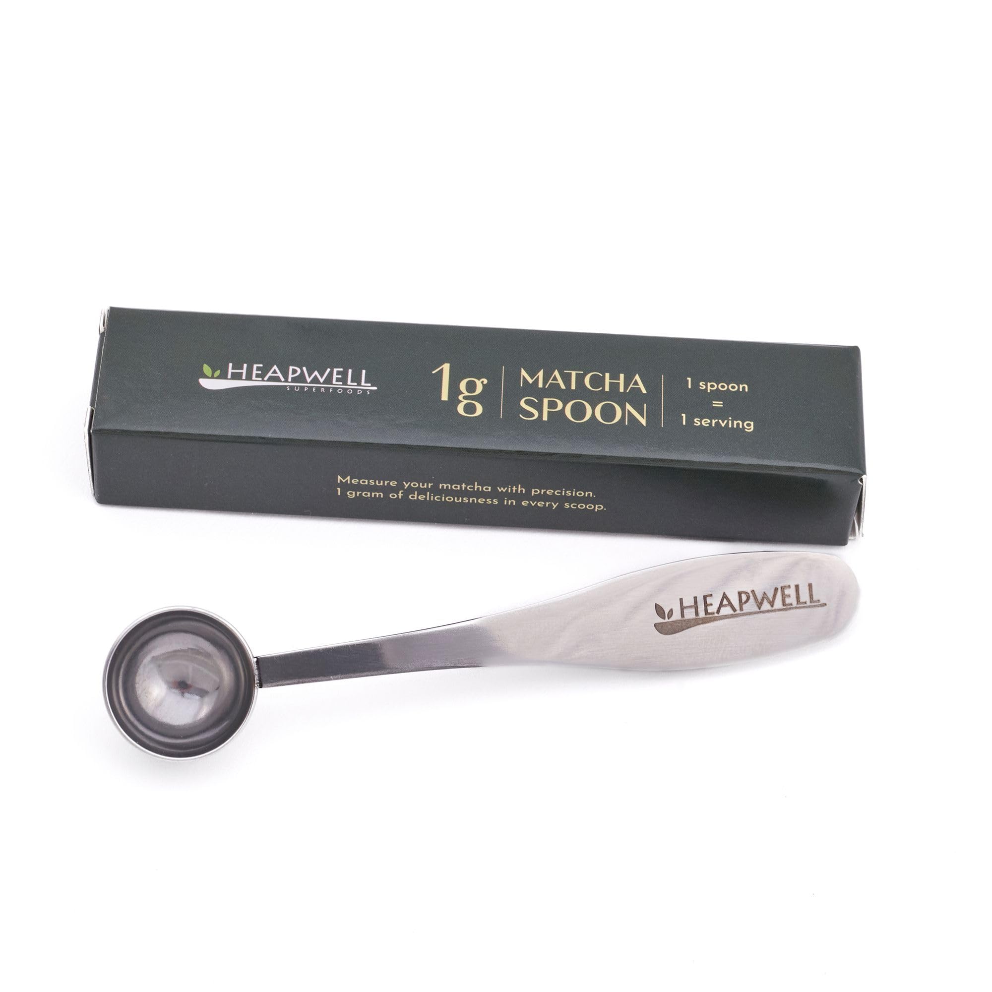 Heapwell Superfoods Cuchara medidora de té verde matcha de acero inoxidable, cuchara de porción de precisión de 1 g para servir matcha precisa, accesorio tradicional japonés de té verde, metal de