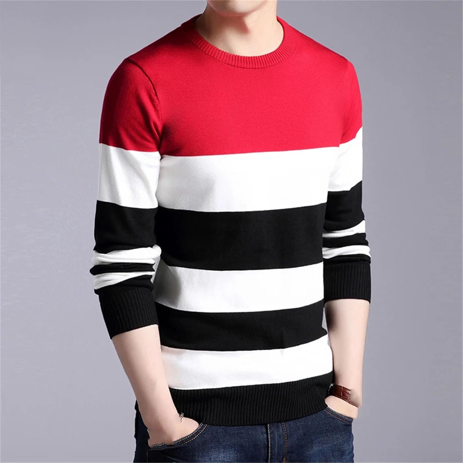 Men's Casual Striped Long Sleeved Knitted Shirt Fashionable Comfortable Top