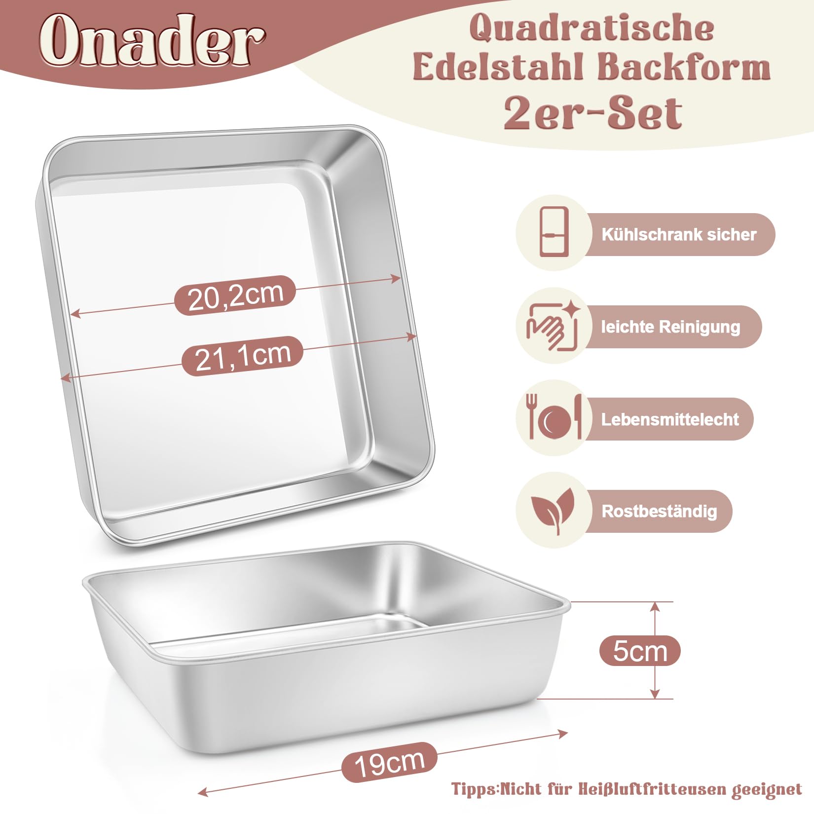 Onader Teglia quadrata per torte in acciaio inox, set da 2, 20 x 20 x 5 cm, perfetta per brownie, lasagne, torte, atossiche e lavabili in lavastoviglie