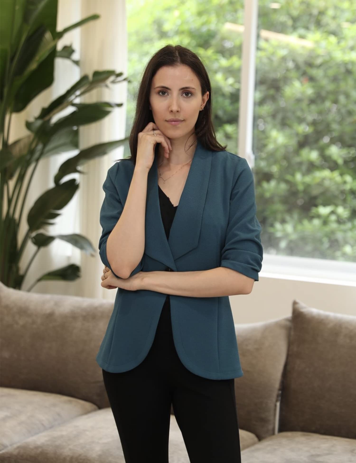 Unibelle Blazer Elegante chaqueta para mujer Cardigan 3/4 largo, ligera y fina, estilo bolero de oficina, monocromo Slim Fit Revers Business Trenchcoat abrigo corto con talla S - 2XL