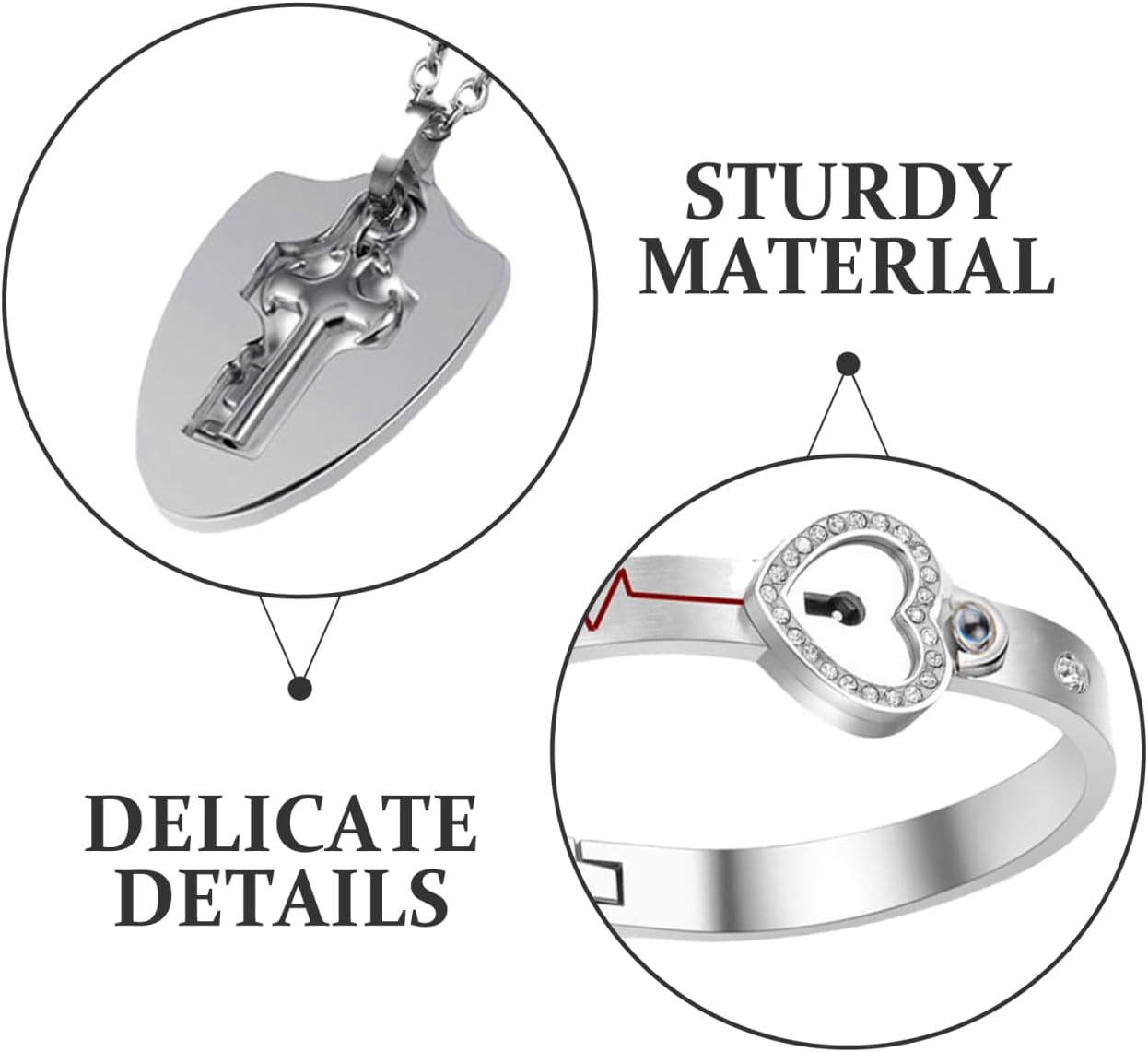 Amosfun Couples Heart Lock Bracelet Key Pendant Necklace Set Titanium Steel Projection for Wedding Anniversary Matching Jewelry for Him and Her