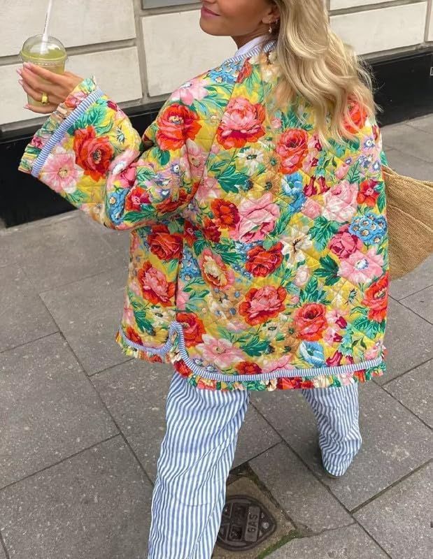 Women Floral Print Cropped Quilted Jacket Cardigan Vintage Open Front Padded Puffler Coat Lightweight Casual Outwear