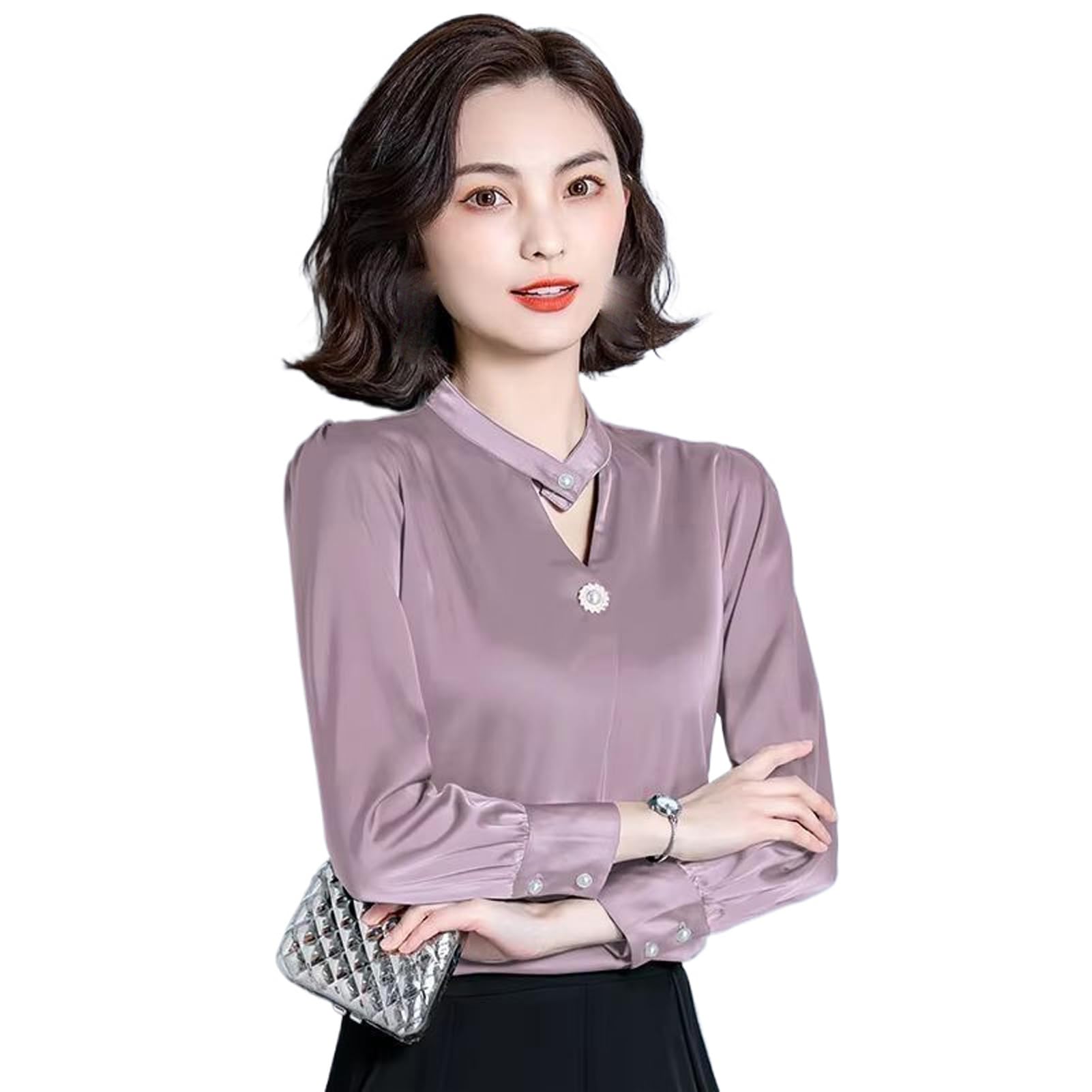 Blusa de satén de manga larga para mujer, para oficina, formal, ropa de negocios vintage