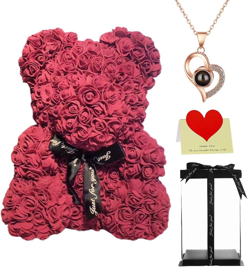 Blue Rose Teddy Bear in Clear Box - Big Artificial Flower Bear for Tiffany Room Decor, Romantic for Her, Handmade Light Blue Plush Floral Toy