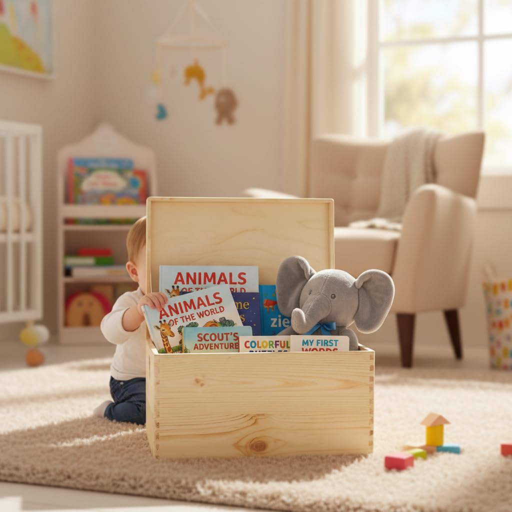 Creative Deco Holzkiste mit Deckel | 40x30x24 cm (+/-1cm) | Erinnerungsbox Baby Groß Holzbox Unlackiert Kasten | Herzförmigen Griffen | Für Dokumente Ostern Spielzeuge Werkzeuge ROH UNGESCHLIFFEN