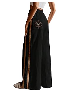 SOLY HUX Womens Wide Leg Pants Elastic High Waisted Embroidery Casual Long Trousers with Pockets Black Embroidery Medium