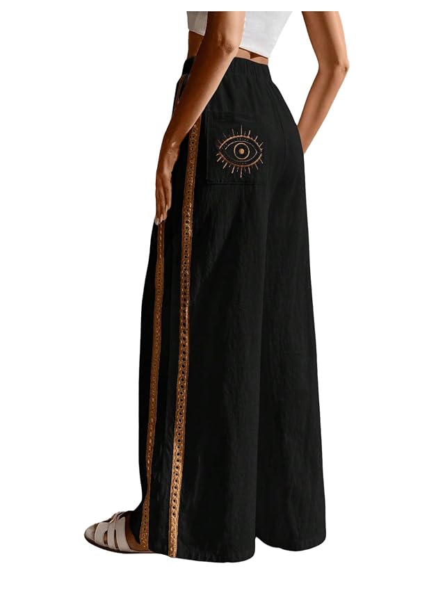 SOLY HUX Womens Wide Leg Pants Elastic High Waisted Embroidery Casual Long Trousers with Pockets Black Embroidery X-Small