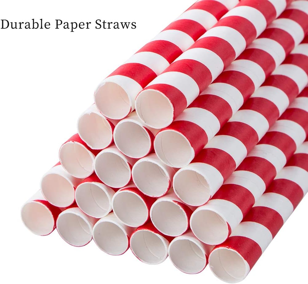 Webake Smoothie Straws Biodegradable 0.4 Inch Wide Paper Straws, Bulk 100 Pack Red Striped Jumbo Drinking Straws, Great Eco Straws for Smoothies, Bubble Tea, Shake