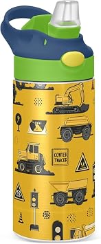 Boccsty Tractor Yellow Truck Kids Water Bottle with Straw Lid Construction Machines Insulated Stainless Steel Reusable Tumbler for Boys Girls Toddlers 12 oz Green