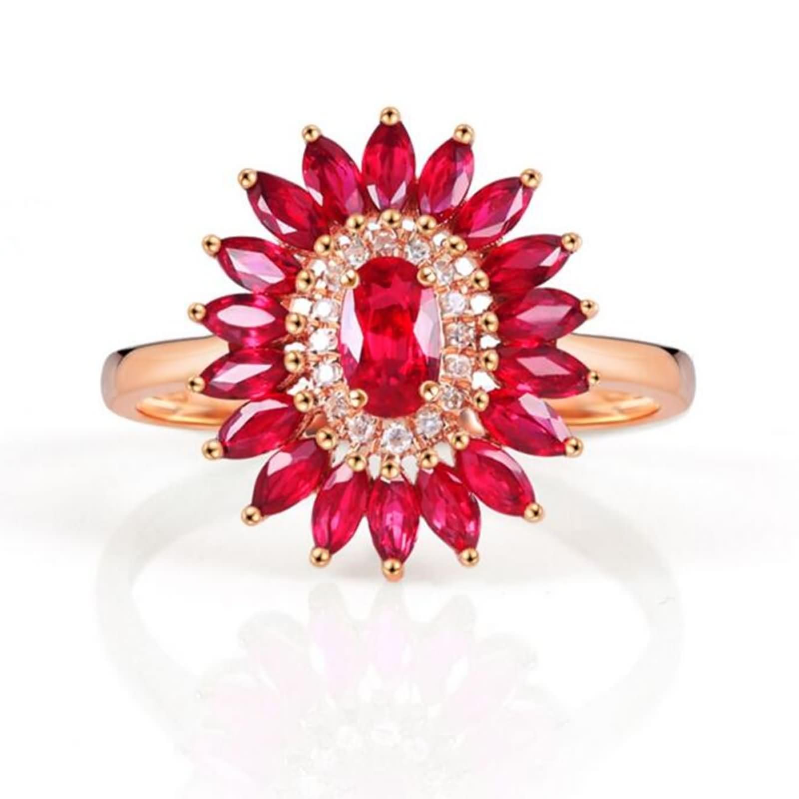 Anelli Fedi Nuziali di Oro Rosa 9K / 14K / 18K Donna, Fiore con Rubino Sintetico da 1,69ct e Moissanite, Donna Anello Fedina di Oro Rosa