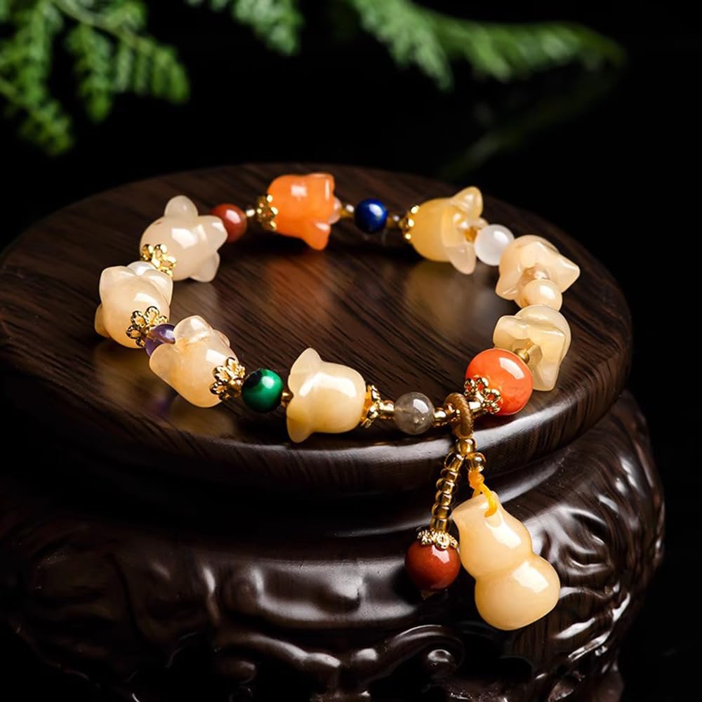 Bracciali, Braccialetti da Donna, Bracciale Feng Shui in Giada Gialla per Donna Bracciale in Filo d'oro Genuino Campana di Giada con Fiore di Orchidea Adatto per 14-16 cm