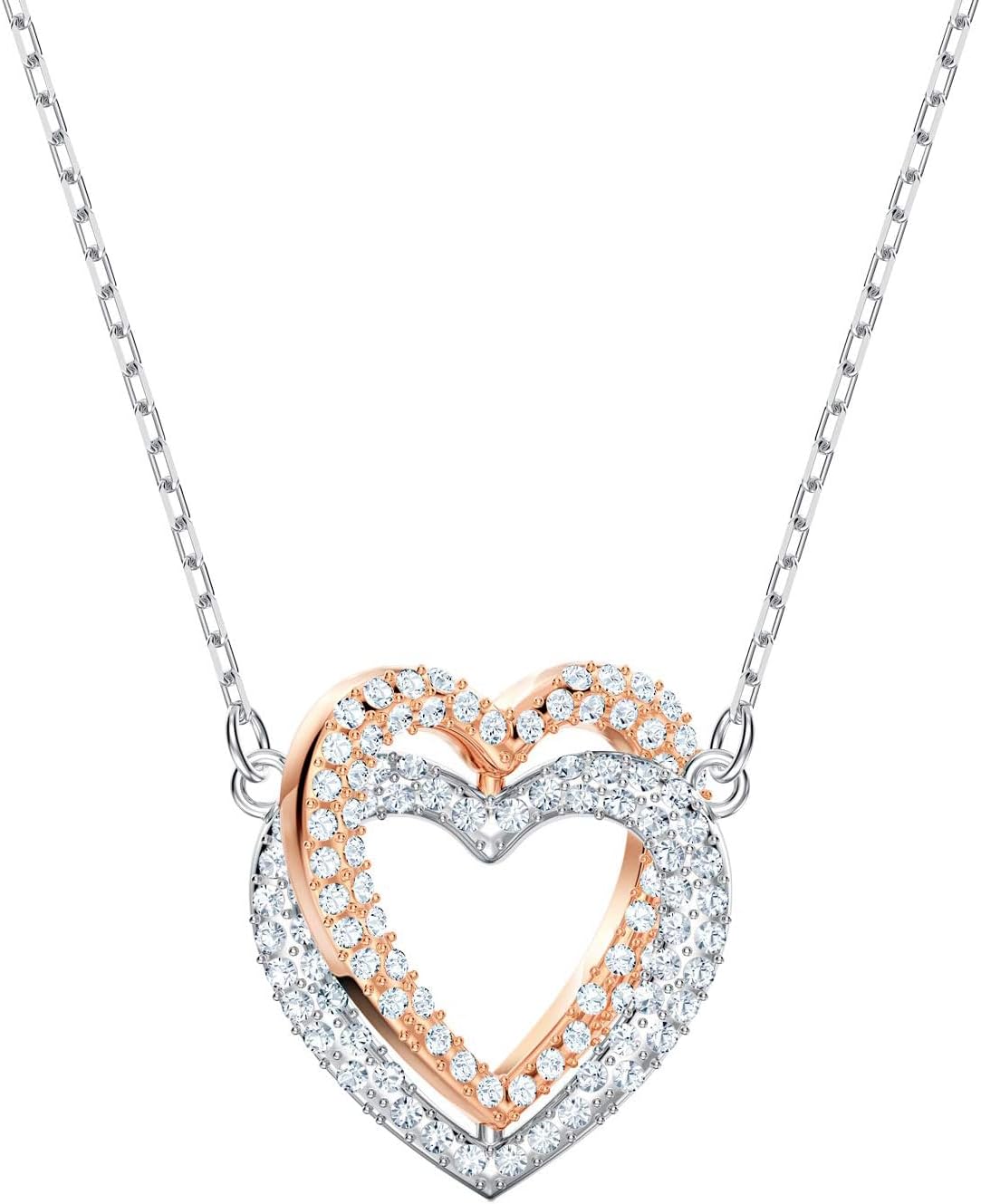 Fashion Jewelry Crystal Silvery & Rose Gold Plated Double Heart Pendant Necklace for Women Gift Packing JR-1301