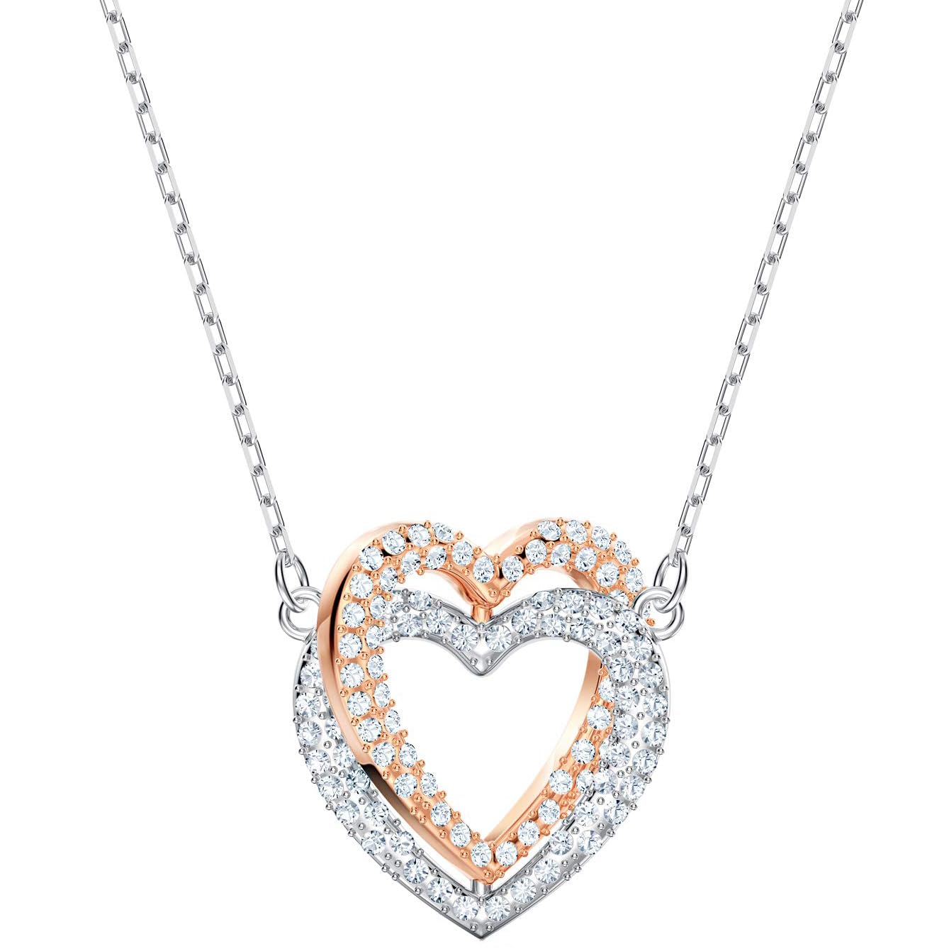 Fashion Jewelry Crystal Silvery & Rose Gold Plated Double Heart Pendant Necklace for Women Gift Packing JR-1301