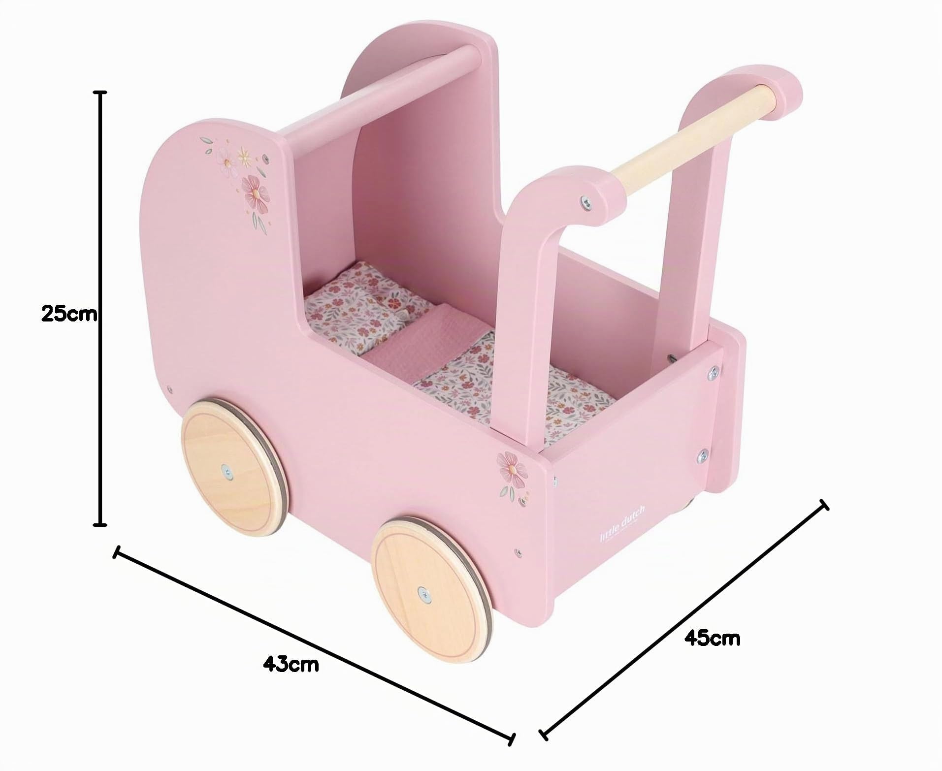 Little Dutch Cochecito para muñecas de madera, incluye ropa de cama, ruedas de goma, flores blandas, color rosa