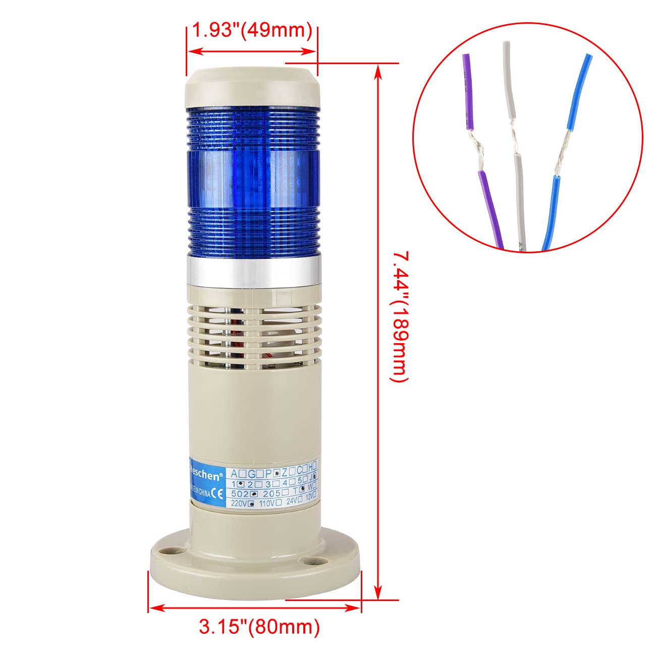 Heschen Lumière de colonne de tour de signal lumineux, 220VAC, Buzzer industriel, Lumière LED bleue, Avertissement d'alarme, Lumière continue