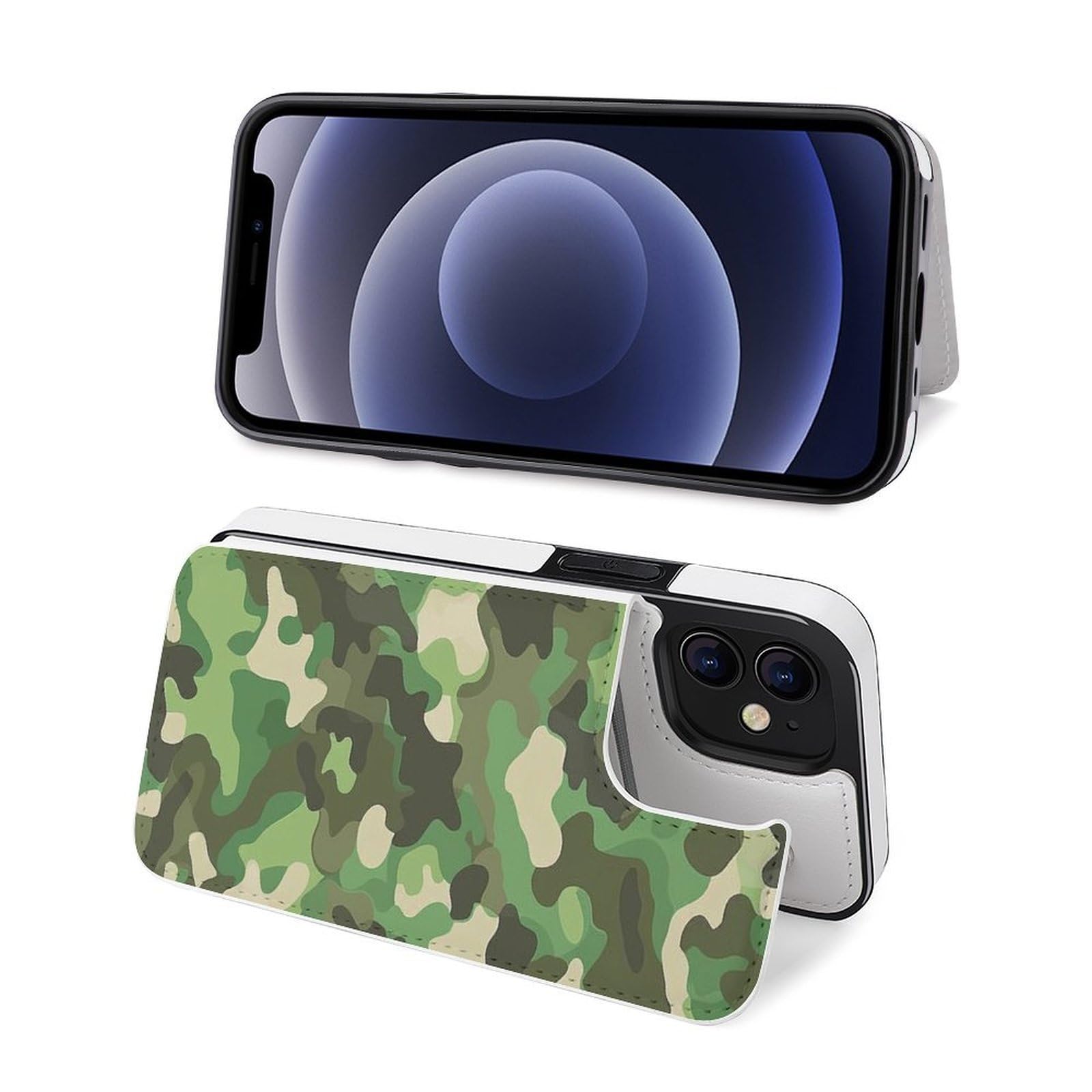 Fundas tipo cartera para iPhone 12, funda de piel con tapa y ranuras para tarjetas con estampado de camuflaje verde