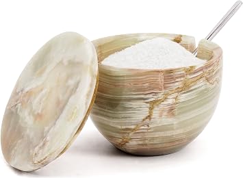 MARBLOUS KRAFTS Salt Cellar with Lid and Spoon Green Onyx 4.7 oz Marble Sugar Bowl & Salt dish For Table Decor, Salt Jar & Spice Storage Containers For Kitchen Countertop